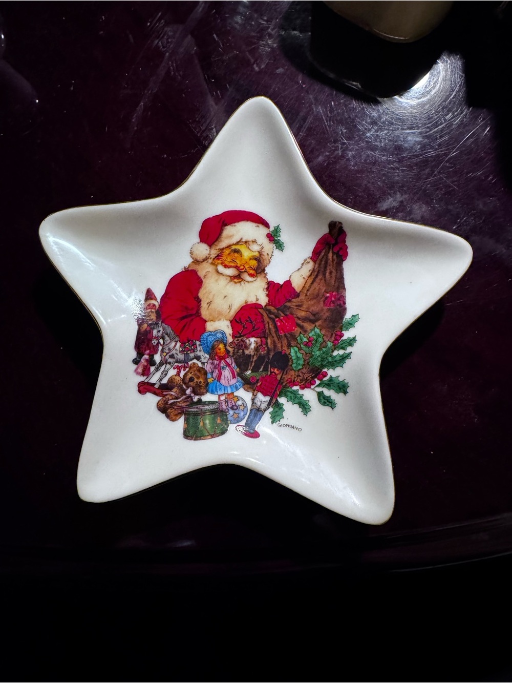 Vintage Holiday Star Santa Trinket Dish - White & Red